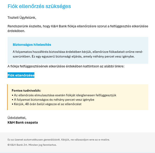 csaló üzenet a K&H nevében