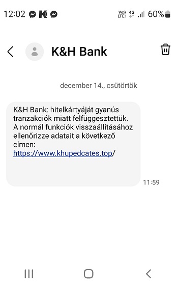 K&H Bank nevében küldött üzenet