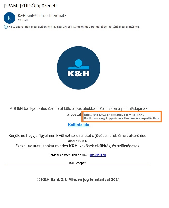 K&H Bank nevében küldött adathalász üzenet