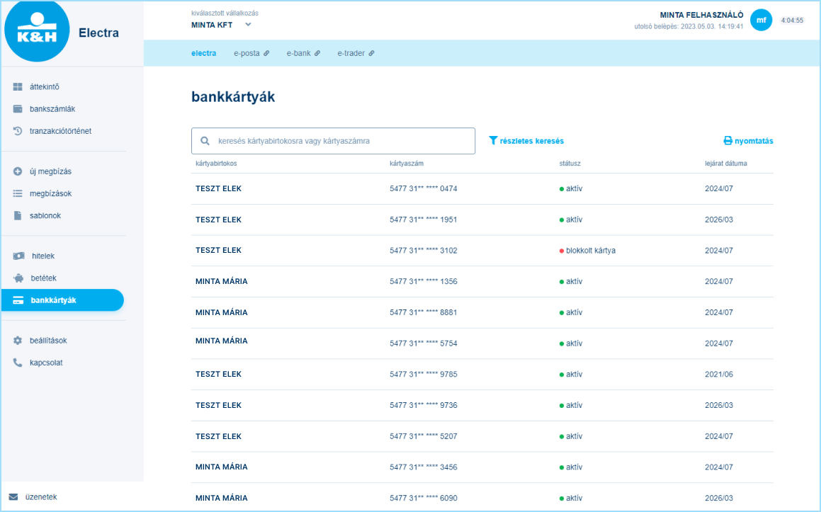 K&H web Electra bankkártyák minta