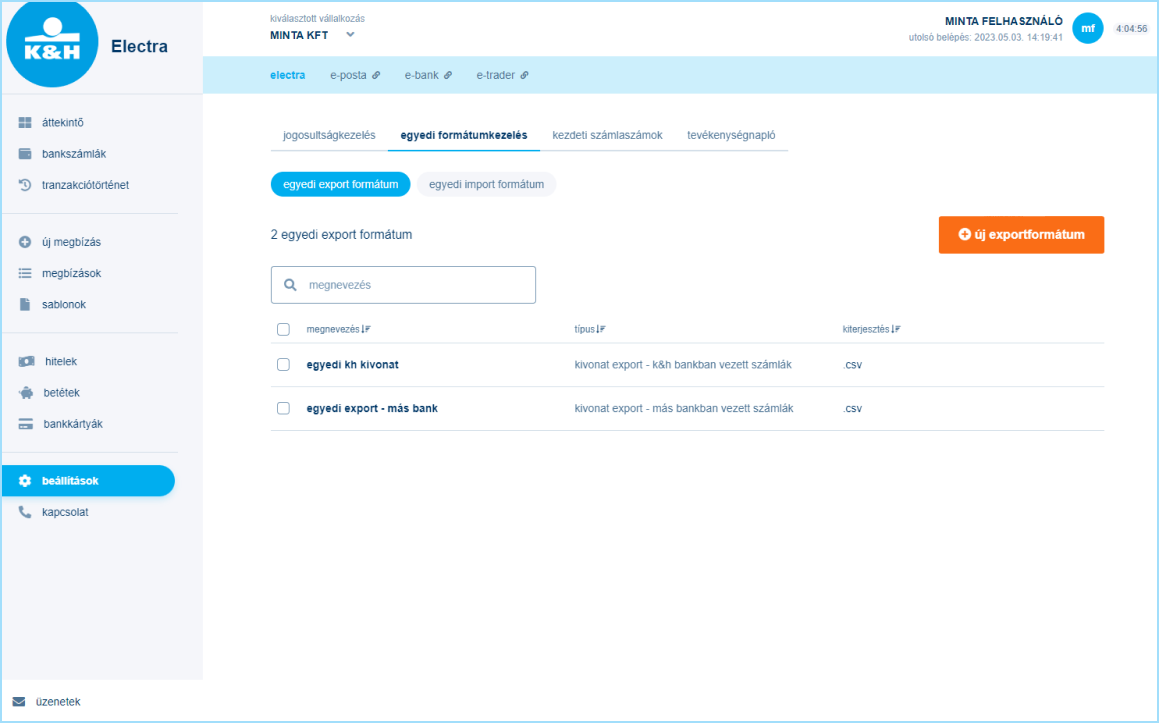 K&H web Electra egyedi formátumkezelés minta