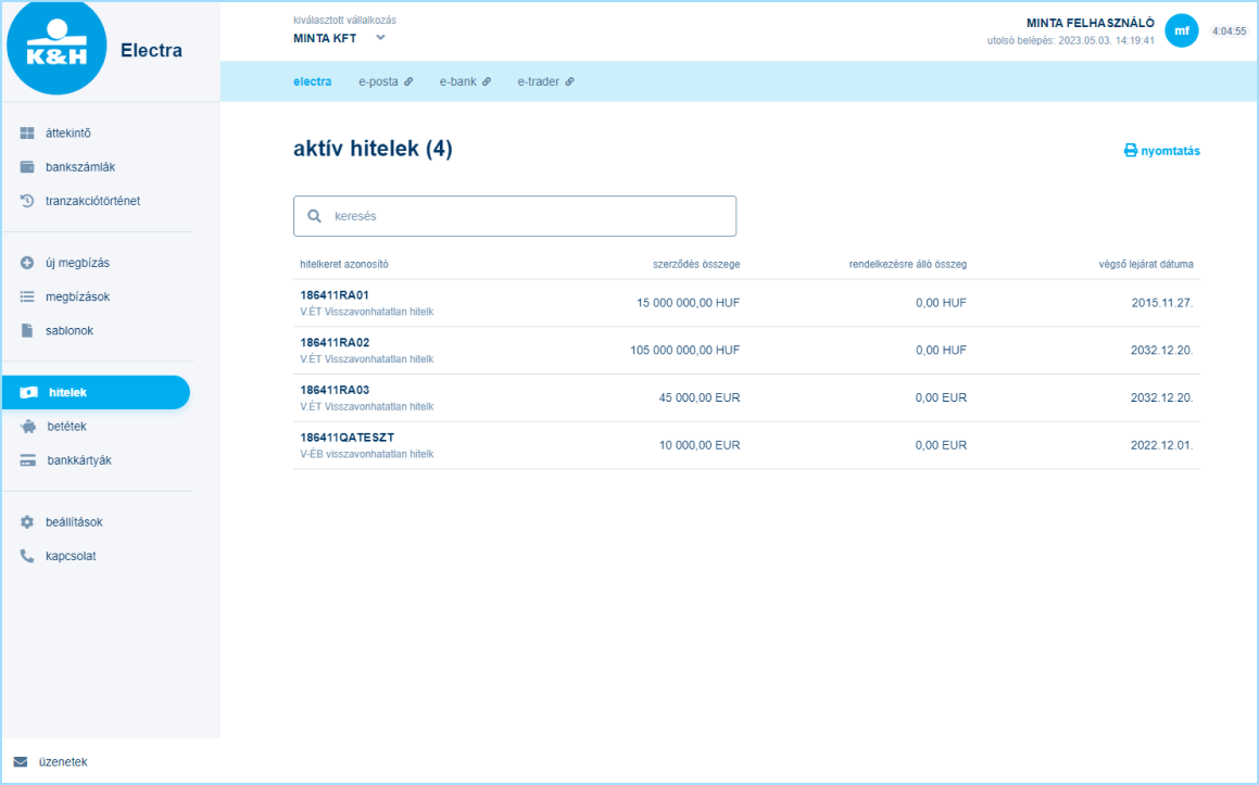 K&H web Electra aktív hitelek