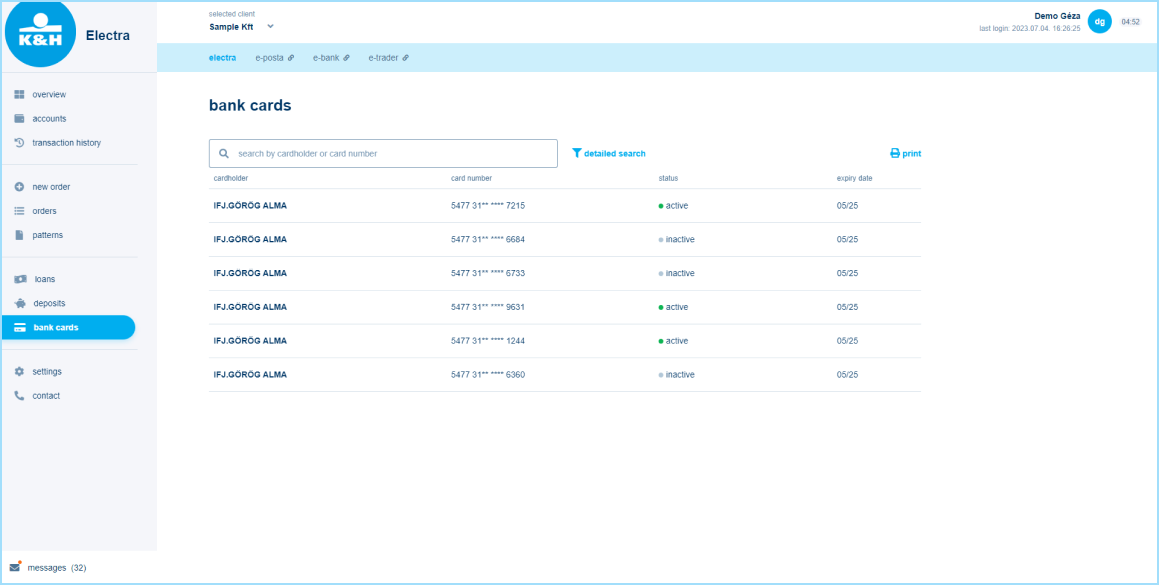 K&H web Electra bank cards