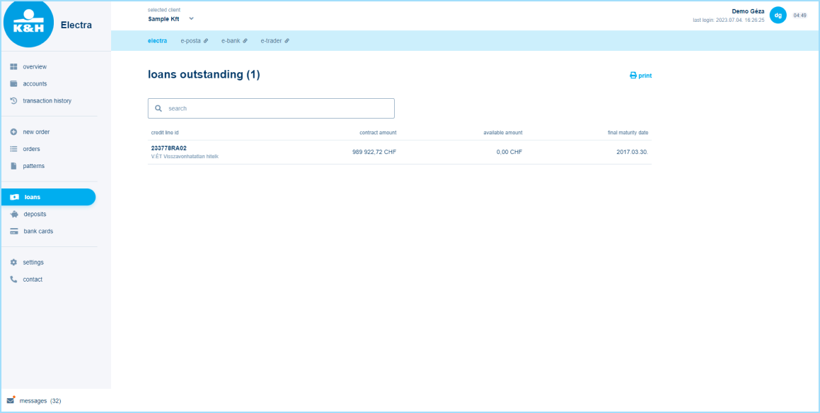 K&H web Electra loans outstanding