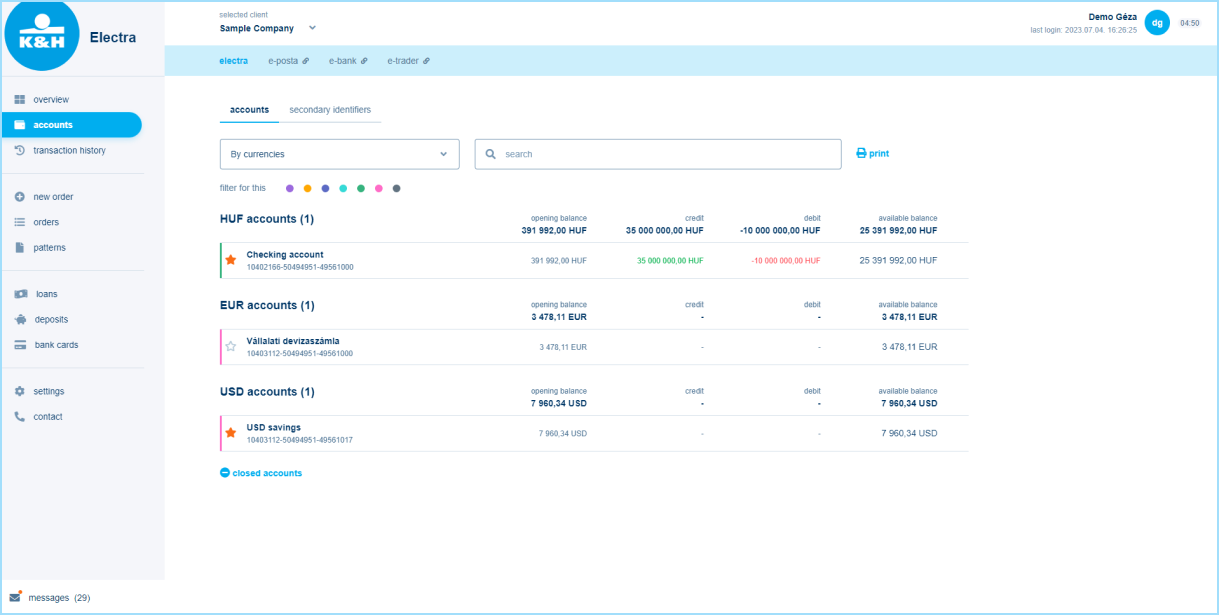 K&H web Electra accounts