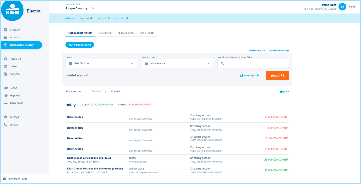 K&H web Electra transaction history